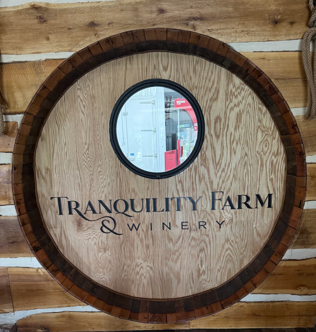 The circular barrel door — Tranquility Farm tasting room